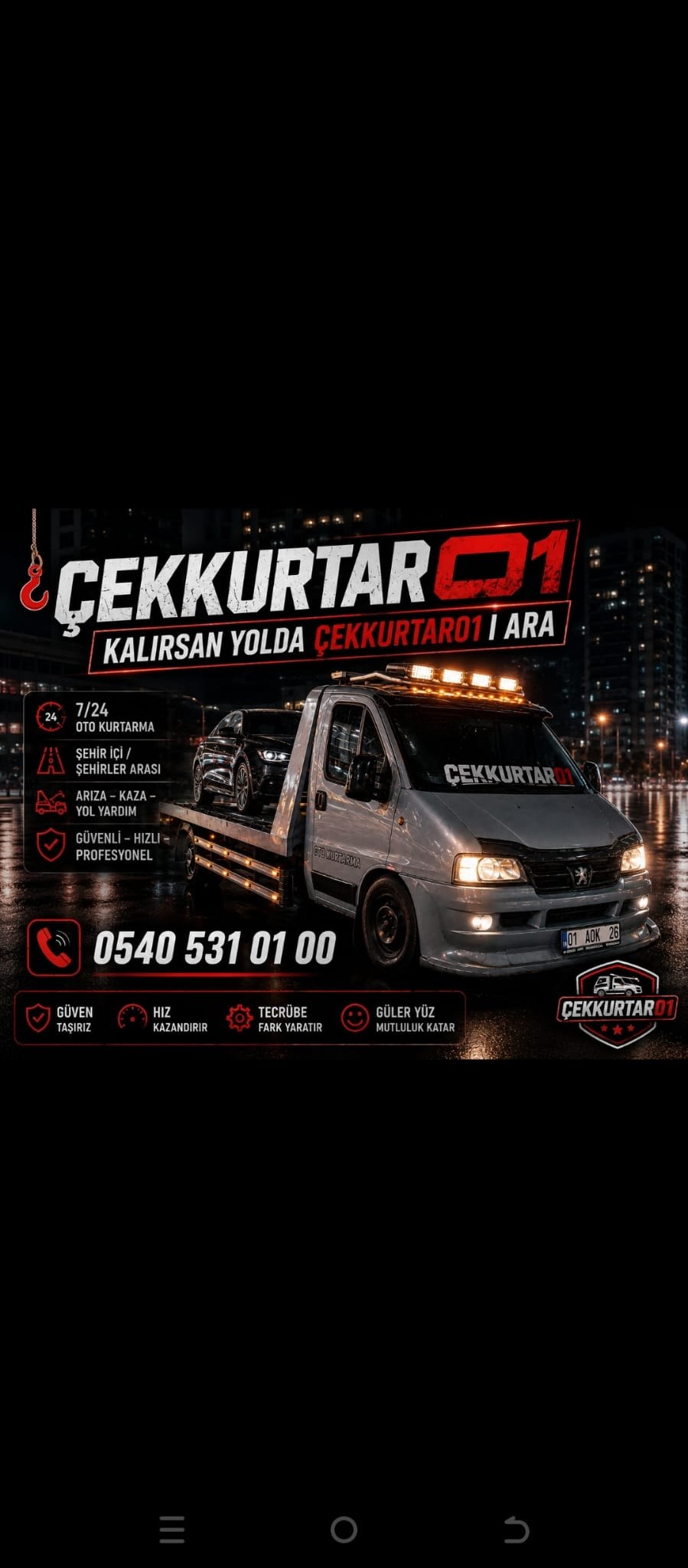 ÇEKKURTAR 01 çekici aracı gece hizmette